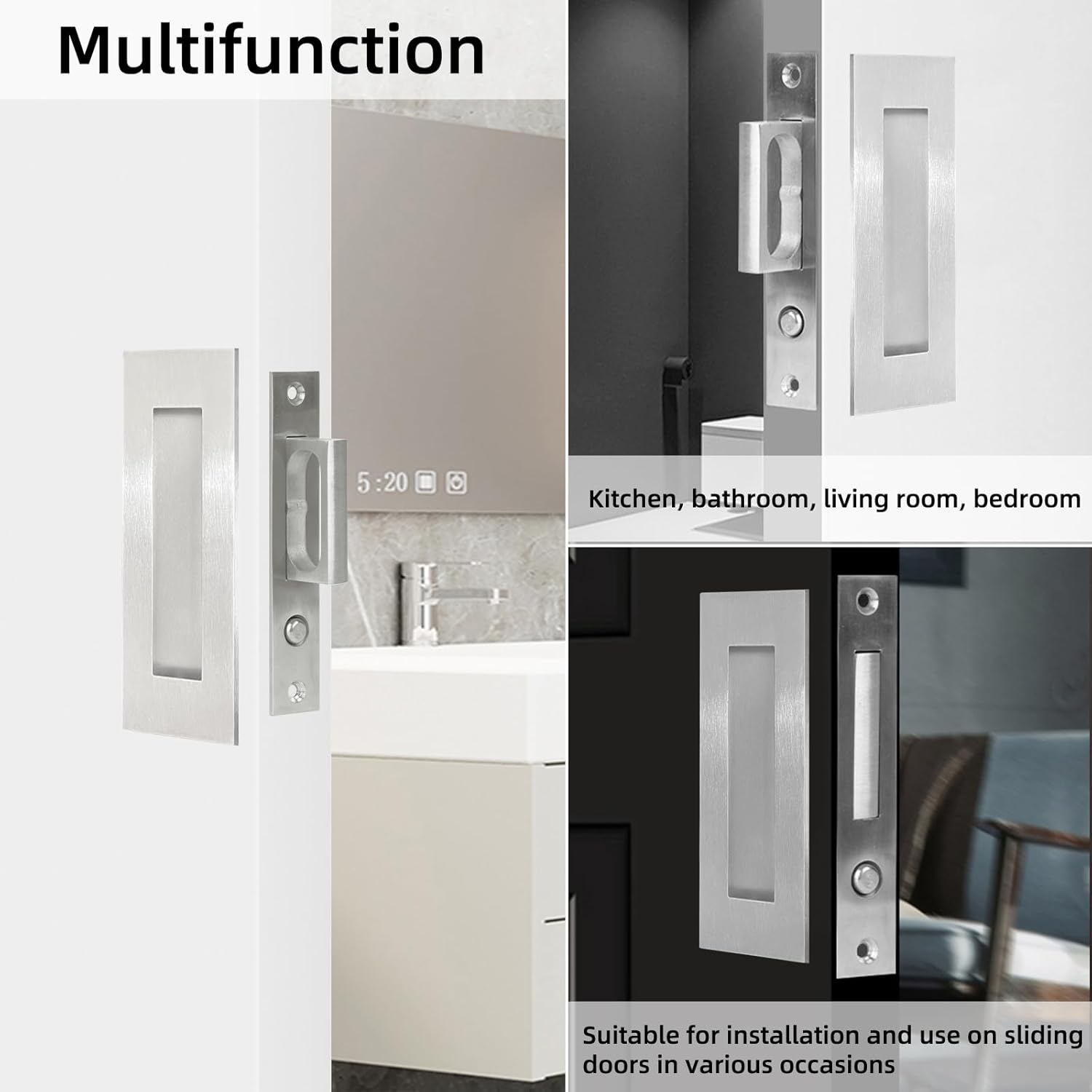 Pocket Door Edge Pull and Recessed Finger Flush Pull（4.72inch）,Hidden Door Handle,with Push Automatic Bounce Switch,Fit for Pocket Door,Sliding Door,Barn Door Handle Hardware,Silvery,1 Set