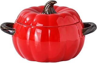 Pumpkin Soup Bowl, 64oz Ceramic Pumpkin Pot Microwave & Dishwasher Safe Casserole Dish with Lid, Dutch Oven Pot Stockpot Cookware for Home Thanksgiving Halloween Party (Red)