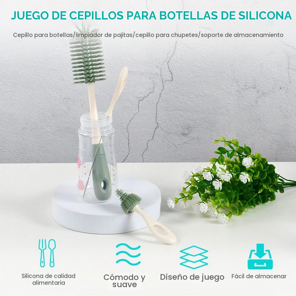 Vicloon Cepillo para Biberones, Cepillo de Silicona para Botella con Soporte de Almacenamiento, Cepillo de Pezón Limpieza de Botellas para Bebés Kit para Botellas y Tetina(Verde)