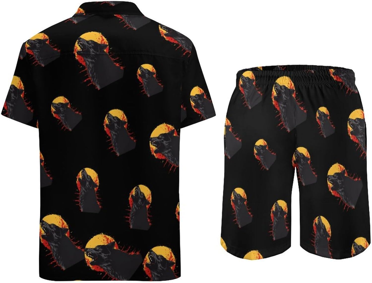 Cute Wolf Men's Summer Beach Outfits Shirt And Shorts Set 2 Piece Vacation Swimwear