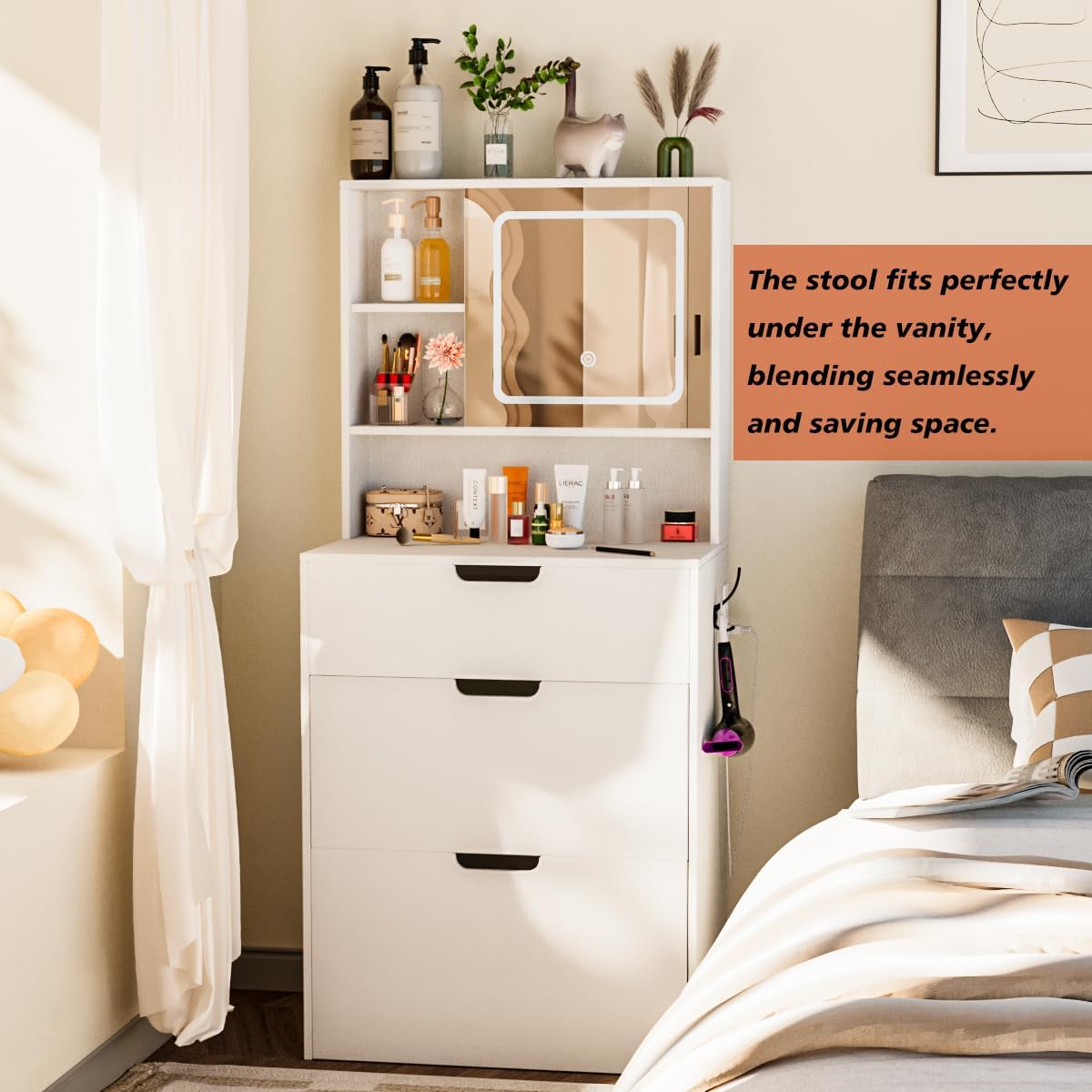 Small Vanity Desk with Chair, Mirror and Lights, Compact Makeup Vanity Table Set for Small Spaces, Movable Storage Stool, Bedroom, White