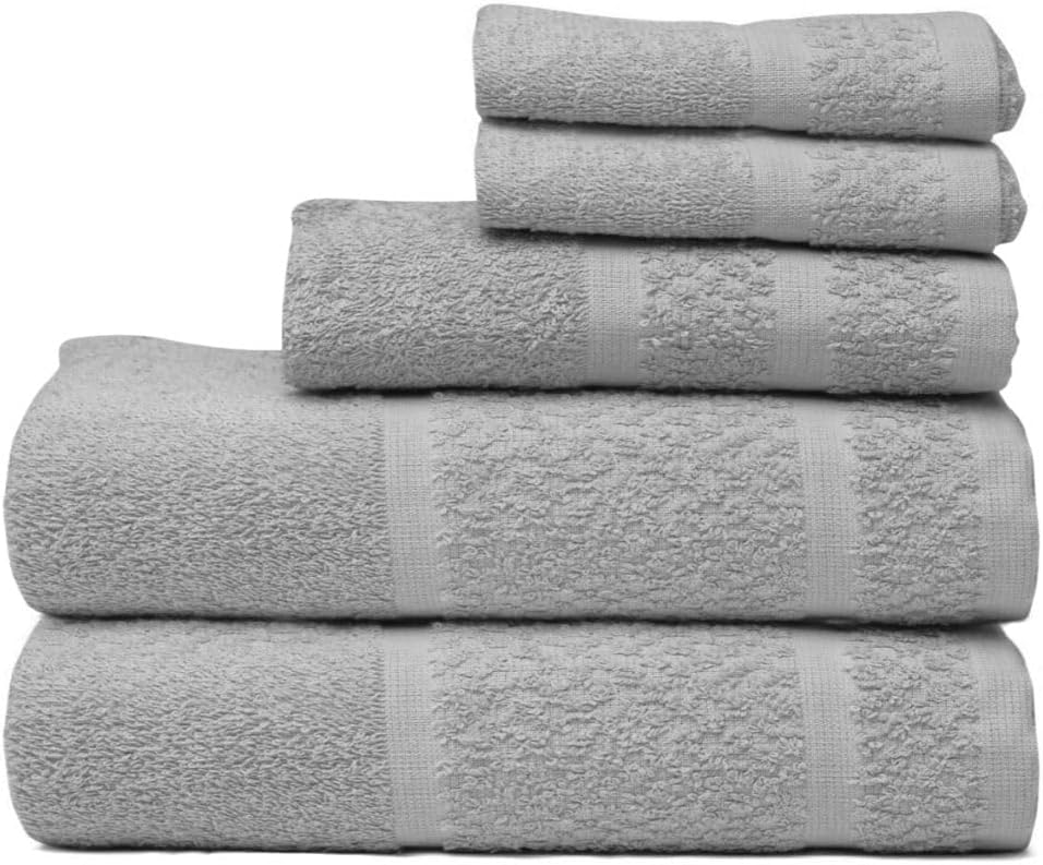 Grey Towel Set of 5 (2- Bath Towel 24in x 44in, 1- Hand Towel 15in x 25in, 2- Wash Cloth 11.5in x 11.5in)