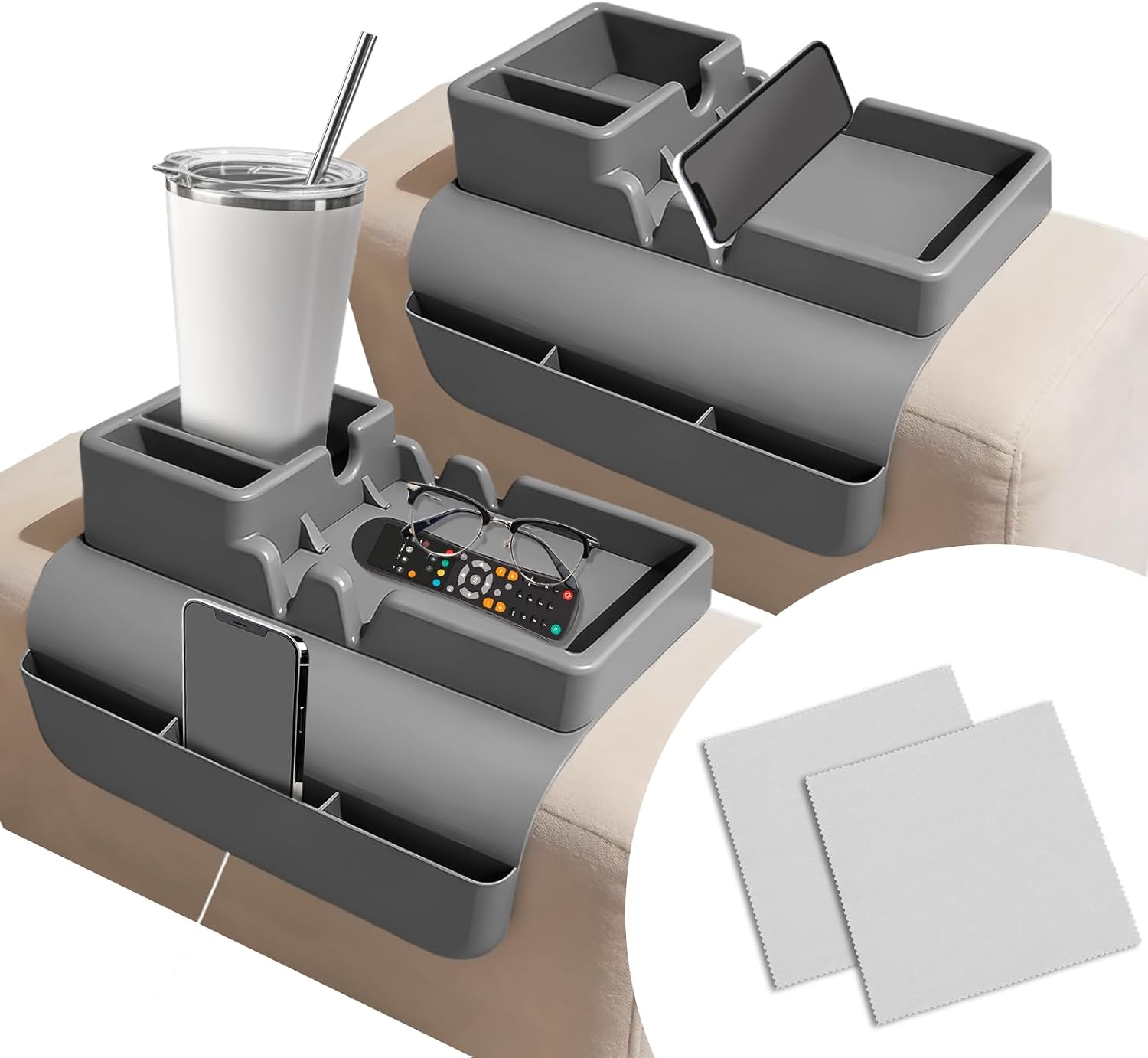 2Pcs Couch Cup Holder Tray, Large Anti-Slip Couch Cups Holder with Side Pocket, Couch Arm Cup Holder, Silicone Sofa Armrest Organizer for Snacks/Remote/Phone/Fruit, Gift for Holiday