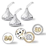 Confetti Polka Dot 80th Birthday Party Kiss Sticker Labels, 300 Party Circle Sticker Sized 0.75” for Chocolate Drop Kisses by AmandaCreation, Great for Party Favors, Envelope Seals & Goodie Bags