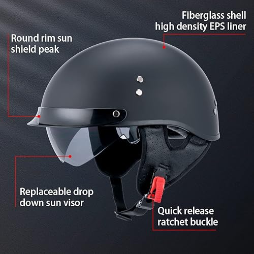 Miniatura 2 de Medio casco de motocicleta hombres mujeres adultos certificado punto fibra de vidrio media concha casco casco vintage casco con visera blanco negro