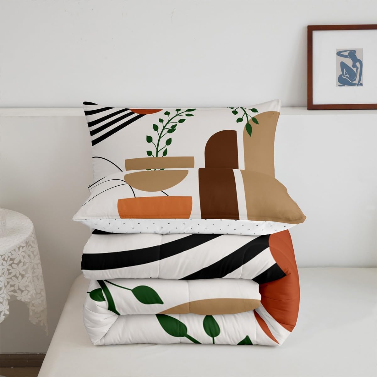 Bohemian Comforter Set Full Size,Plant Leaves Abstract Art Boho Kids Bedding Set,Botanical Geometric Line Quilt Comforter,Orange Yellow Duvet Insert,2 Pillowcases