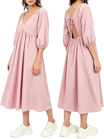 Womens V Neck Puff 3/4 Sleeve Swing Dress Open Back Long Sleeve Babydoll Dress Elastic Waist Summer Dress Midi Length