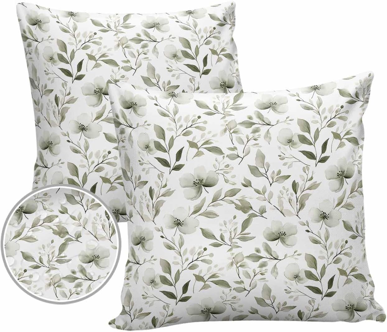 Outdoor Waterproof Pillow Covers Sage Green Botanical Leaf Decorative Throw Pillow Protectors, Farmhouse Plant Floral Pillowcase Cushion Cases for Patio Sofa Garden Couch,16x16IN,Pack of 2