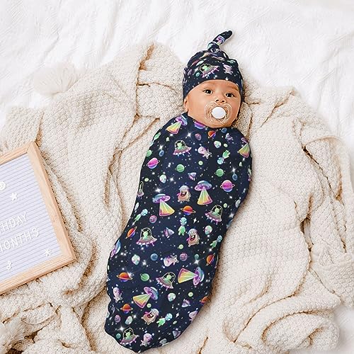 Image of Cartoon Space Newborn Swaddle Blanket with Hat Sets Newborn Receiving Blanket for Boy Girl Swaddle Sack Shower Infant Gift