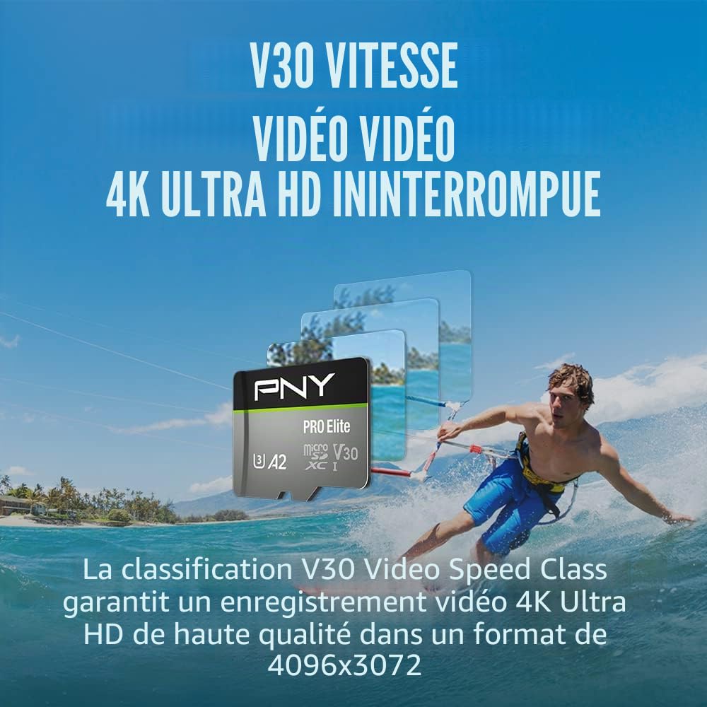 PNY 256GB Pro Elite C10 U3 V30 A2 microSDXC Carte Mémoire Flash