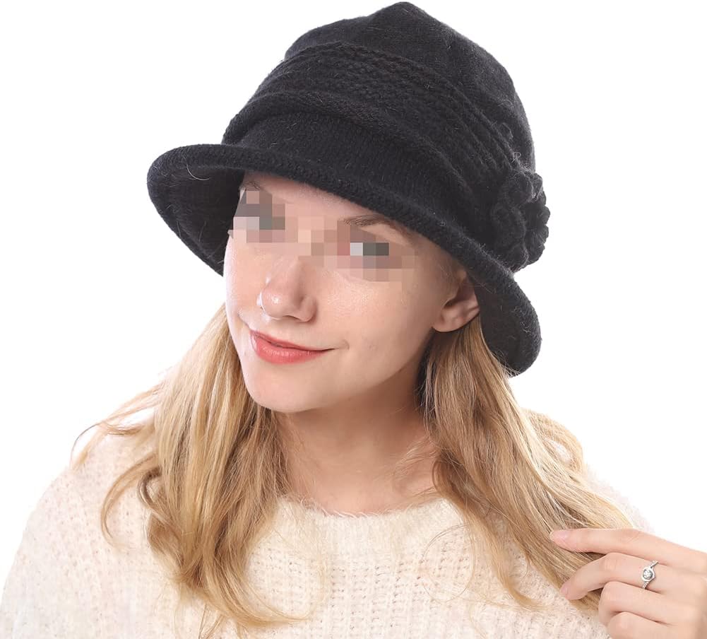 Winter Fall Knit Cloche Hat Church Bucket Hat Vintage Beanie Hat Round Brim Warm Hat Flower Bowler Hat for Women Ladies Grey