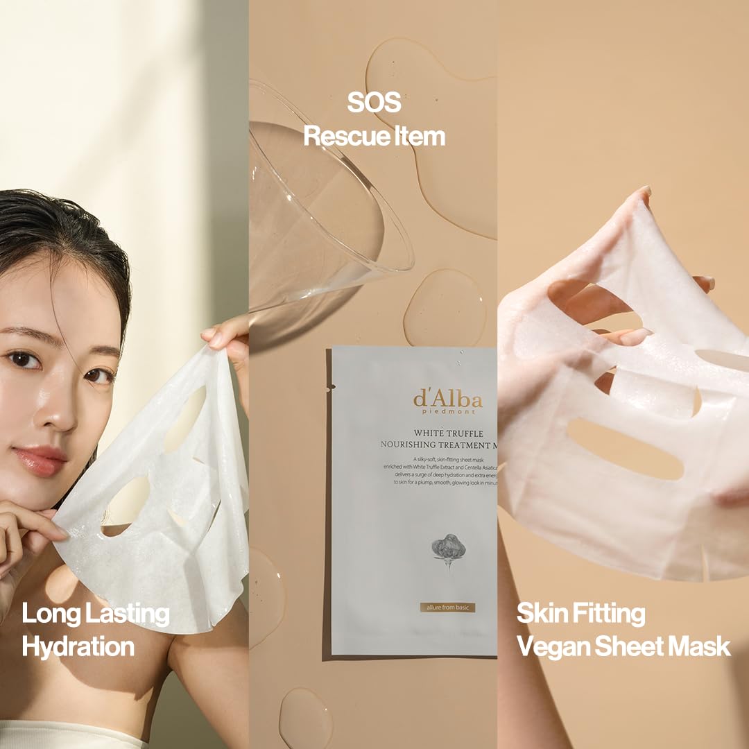 d'alba Piedmont Italian White Truffle Nourishing Mask 10pcs, Vegan Skincare, Nourishing Sheet Mask for Dry and Tired Skin, Deep Hydration, Korean Skin Care (5pcs x 2)