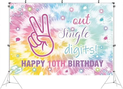 Hilioens 86ft Tie Dye Rainbow Out Single Digits Backdrop Happy 10th Birthday Girls Im 10 Background for Photography Girls Tenth Birthday Party Banner Decorations