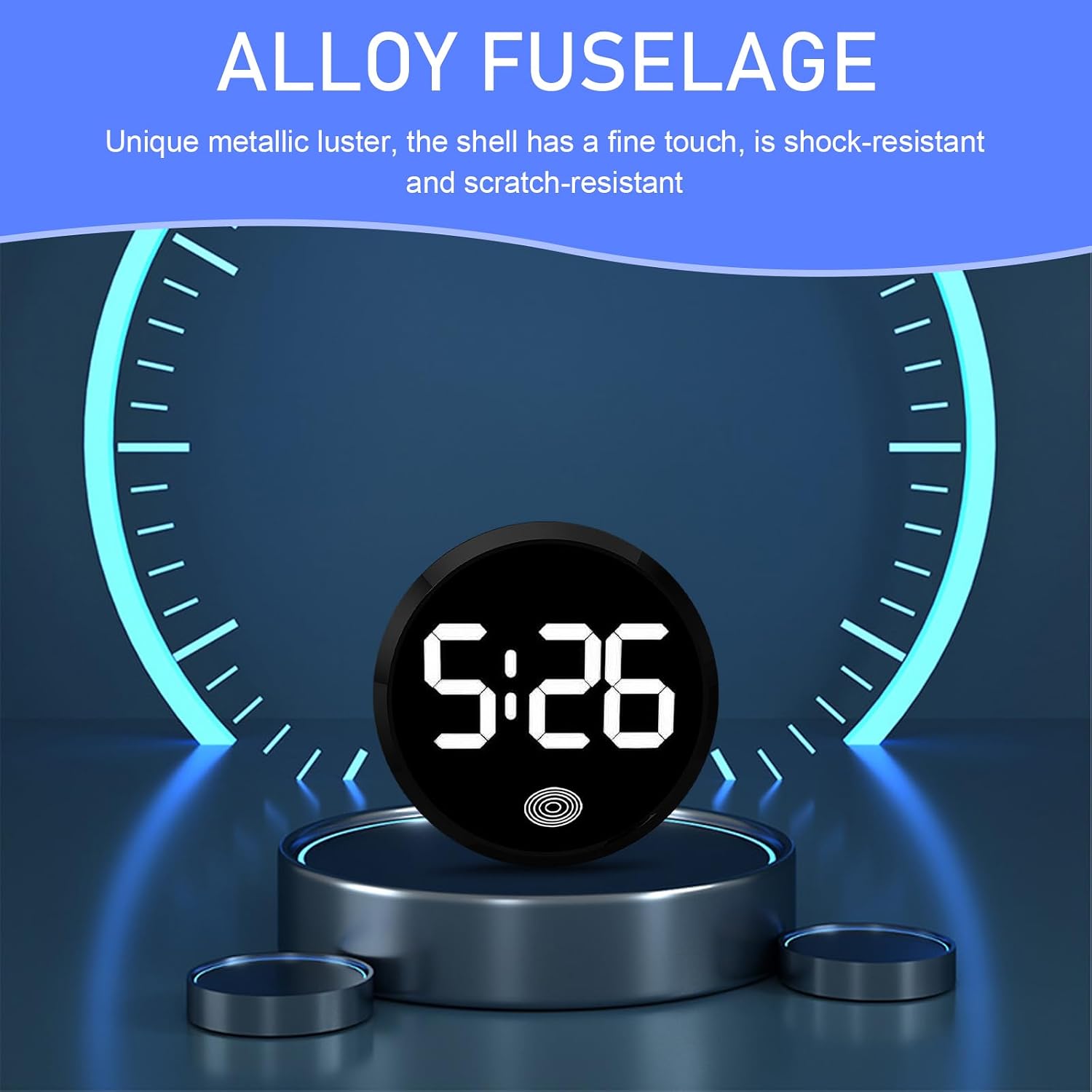Shakas Digital Dashboard Clock with 'Alloy Fuselage' text, emphasizing its shock-resistant and scratch-resistant shell
