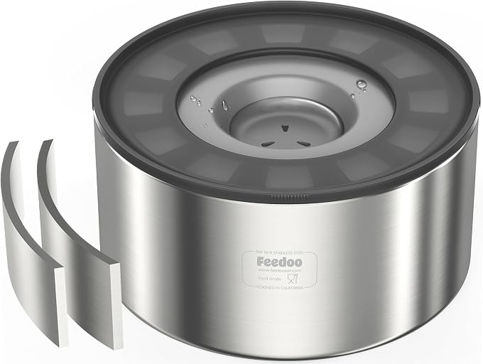 Feedoo 1Gallon No Spill Water Bowl for Dogs, Double-Wall Stainless Steel with Splash-Proof Paws Lid and Floating Disk, Non-Slip Base, Easy to Clean Slow Water Feeder for Large Medium Dogs