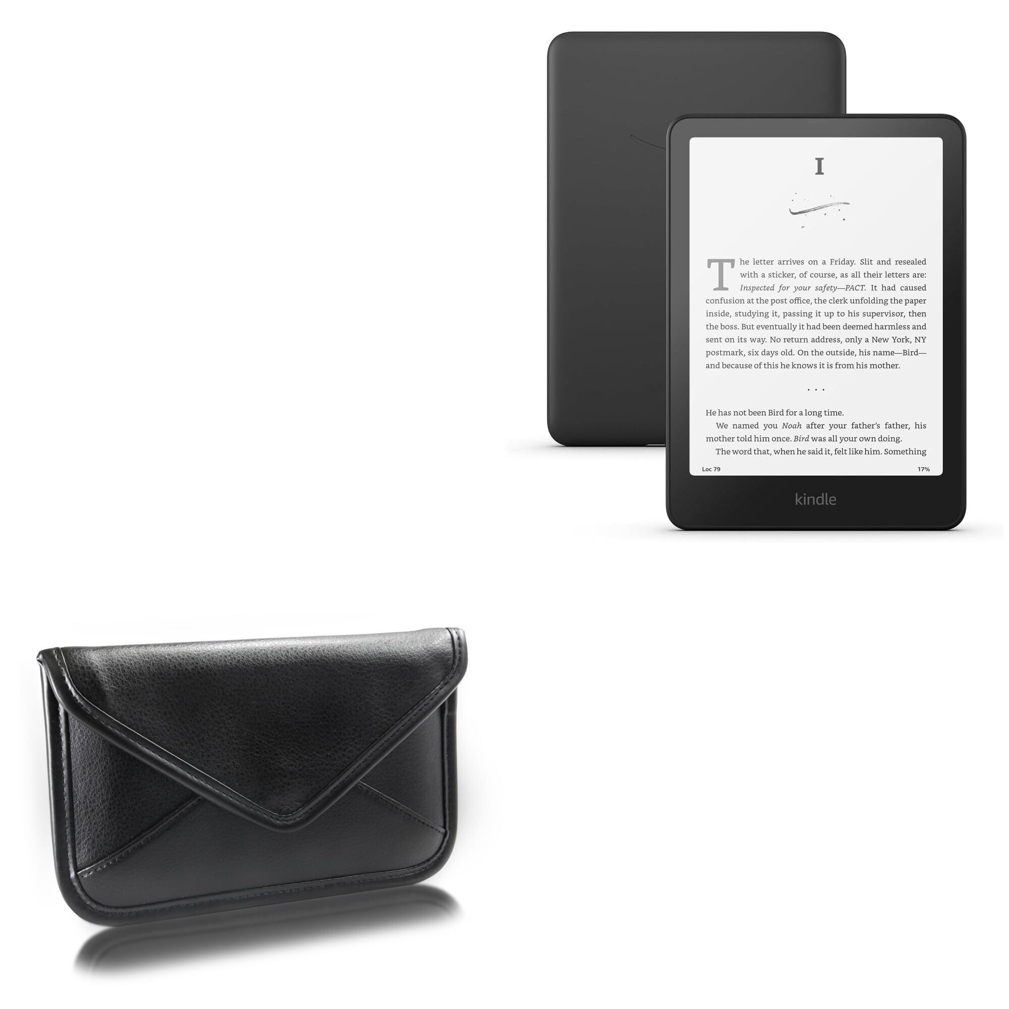 BoxWave Case Compatible with Amazon Kindle (11th Gen 2024) - Elite Leather Messenger Pouch, Synthetic Leather Cover Case Envelope Design - Jet Black