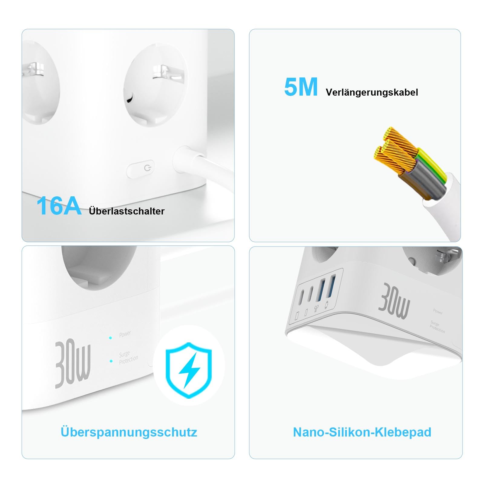 VEFVE Multiprise Tour 12 en 1 (4000W 16A), Bloc Prise Parafoudre avec USB C 30W GaN Charge Rapide, 8 Prises Françaises et 4 USB, Interrupteur, Câble 5m, Blanc