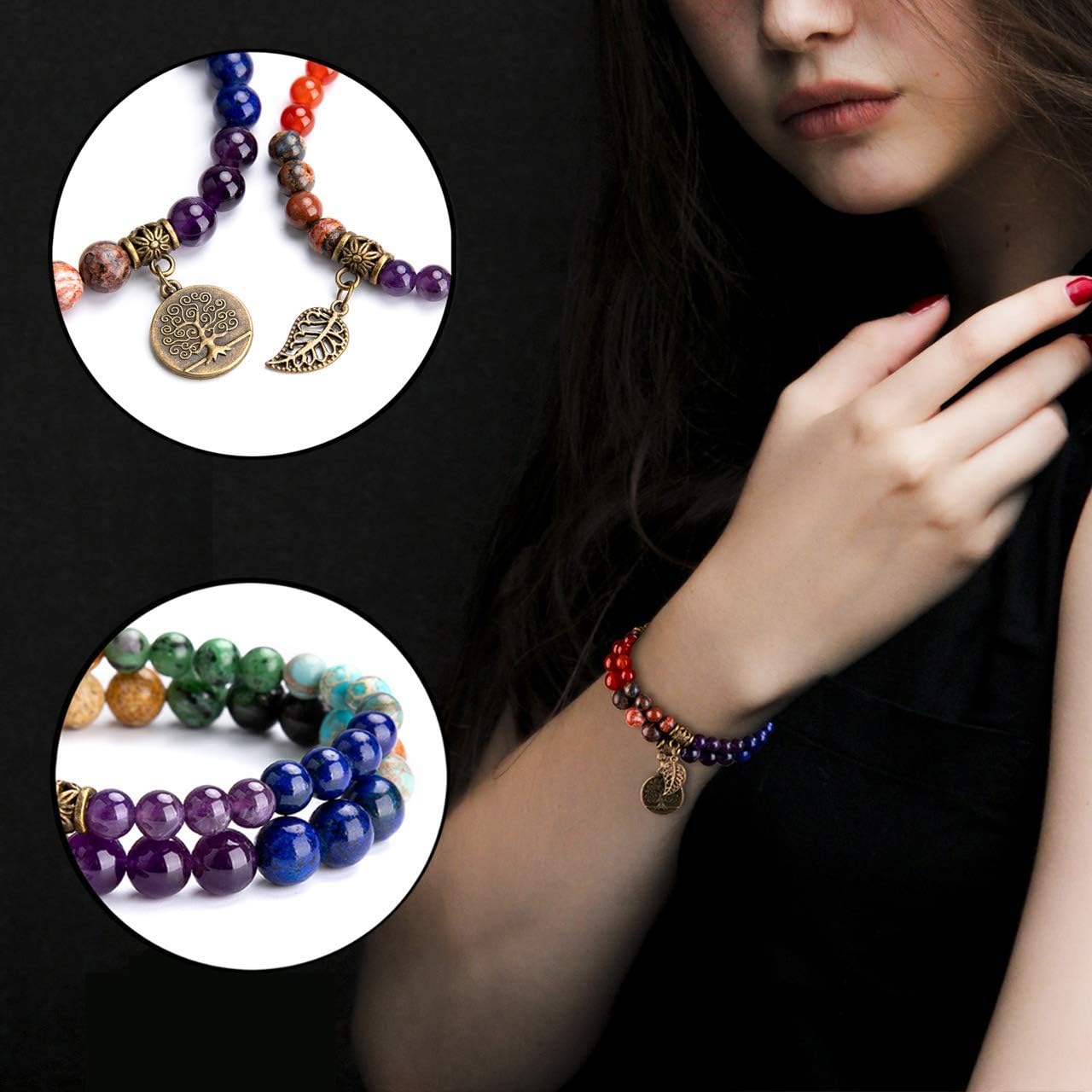 Bivei 7 Chakra Bead Bracelets for Women Yoga Meditation Energy Anxiety Healing Crystals Bracelets