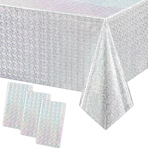 3 Pack Sparkling Holographic Laser Rectangular Tablecloth - Shimmering, Waterproof, Easy to Clean - Ideal for Bachelorette, Birthday, Wedding, and Anniversary Party Decorations (Silver)