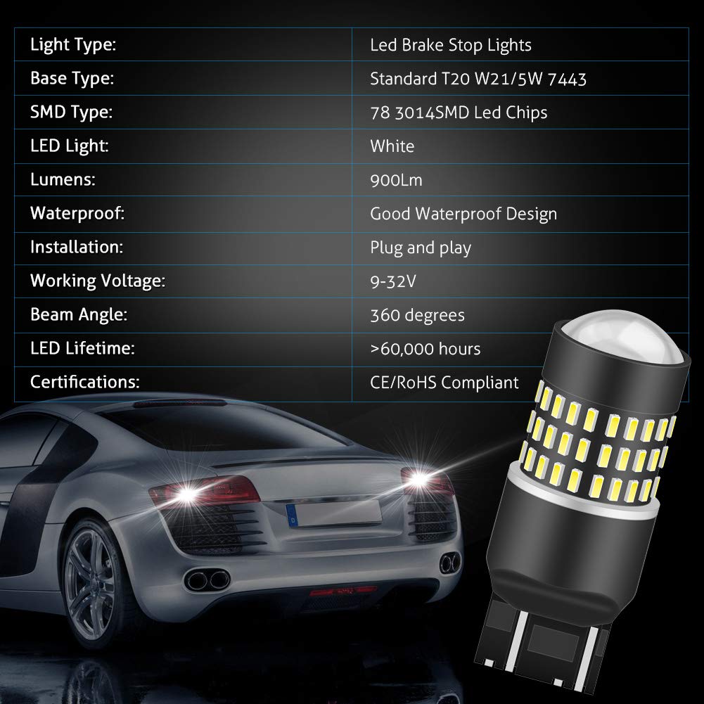 KATUR 7443 7440 992 Bombilla de luz LED 900 LM 3014 78SMD Lente Bombillas LED para señal de Giro de Freno Cola de Respaldo Lámpara de luz de Freno inversa, Xenón Blanco (Paquete de 10)