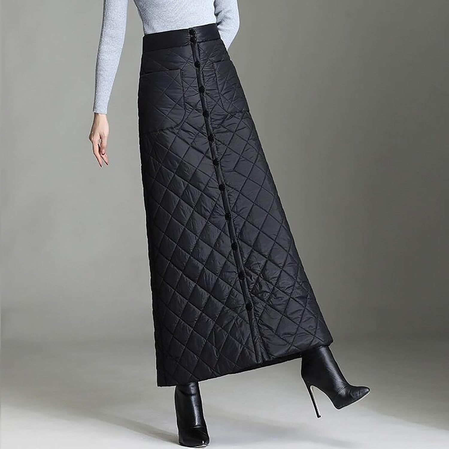 Womens Insulated Down Skirt Winter Warm Button Down Padded Puffer Plus Size Solid Quilted Skirt with Pockets