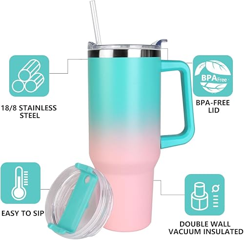 Miniatura 4 de SYACOT Vaso de 40 onzas con asa y pajita, vaso aislado de acero inoxidable, tapa a prueba de fugas y tapa con pajilla, taza de café de viaje