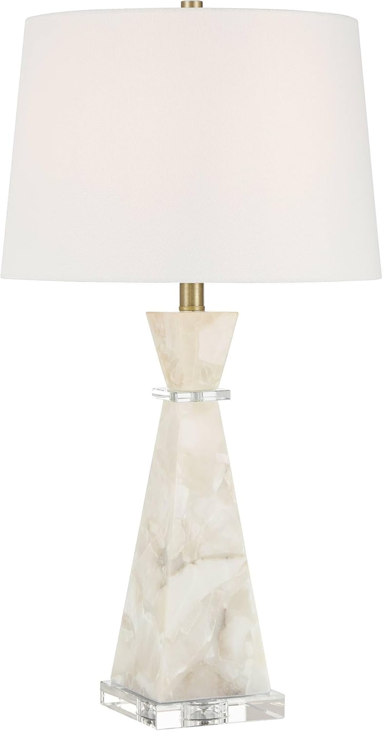 Possini Euro Design Marcy 28" Tall Modern Glam Table Lamp White Finish Alabaster Single Fabric White Shade Living Room Bedroom Bedside Nightstand House Office Home Reading Kitchen Entryway