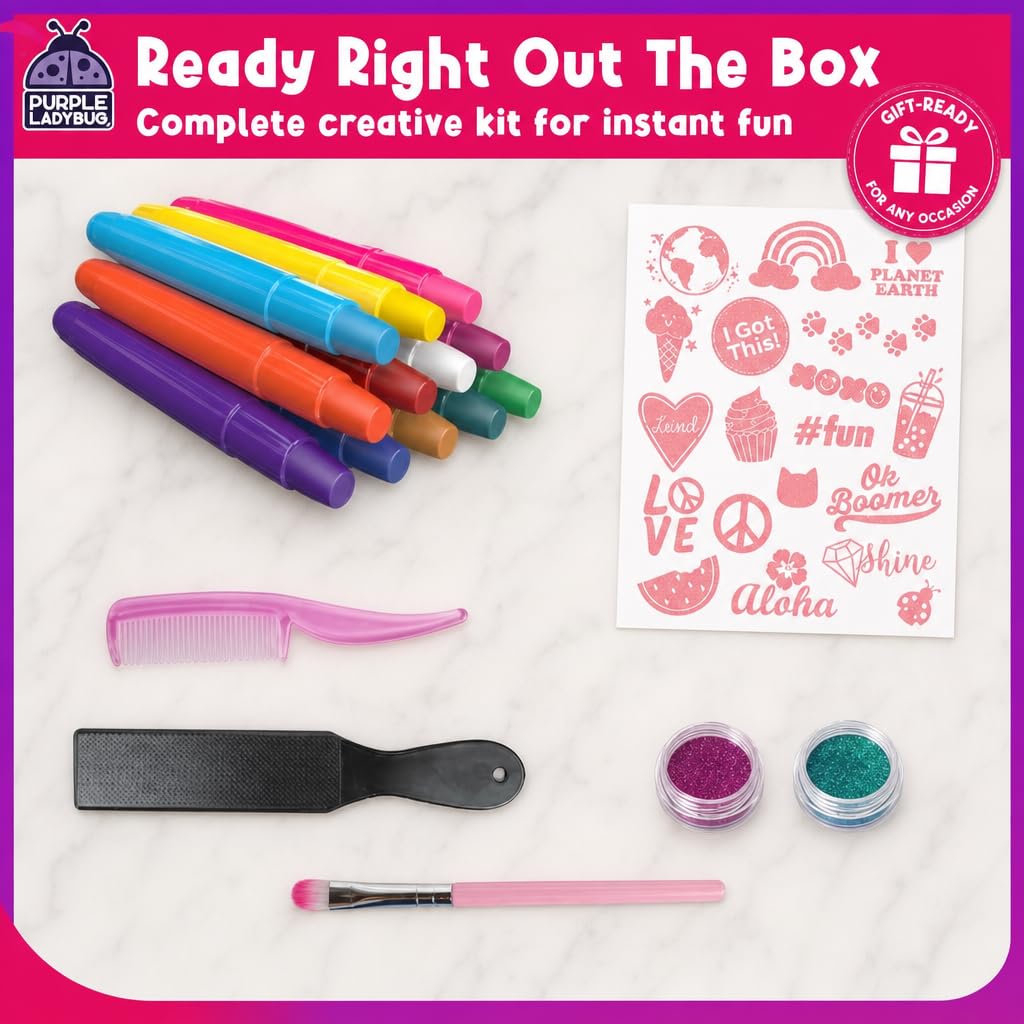 Purple Ladybug 12 Craies Pastel Gras de Craies Cheveux Kit avec Tatouages Pailletés et Paillettes Corps – Teinture Temporaire pour Enfants et Ados, Facile à Appliquer S’enlève Facilement