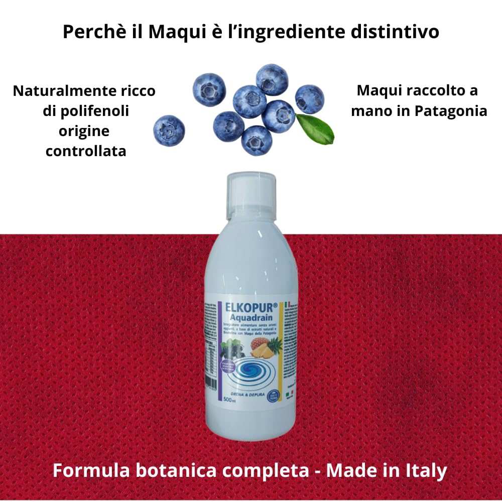 Elkopur Aquadrain – Drenante Liquido con Tarassaco, Orthosiphon, Betulla, Cardo Mariano e Maqui della Patagonia, Estratti Vegetali Selezionati, 3×500 ml, Made in Italy
