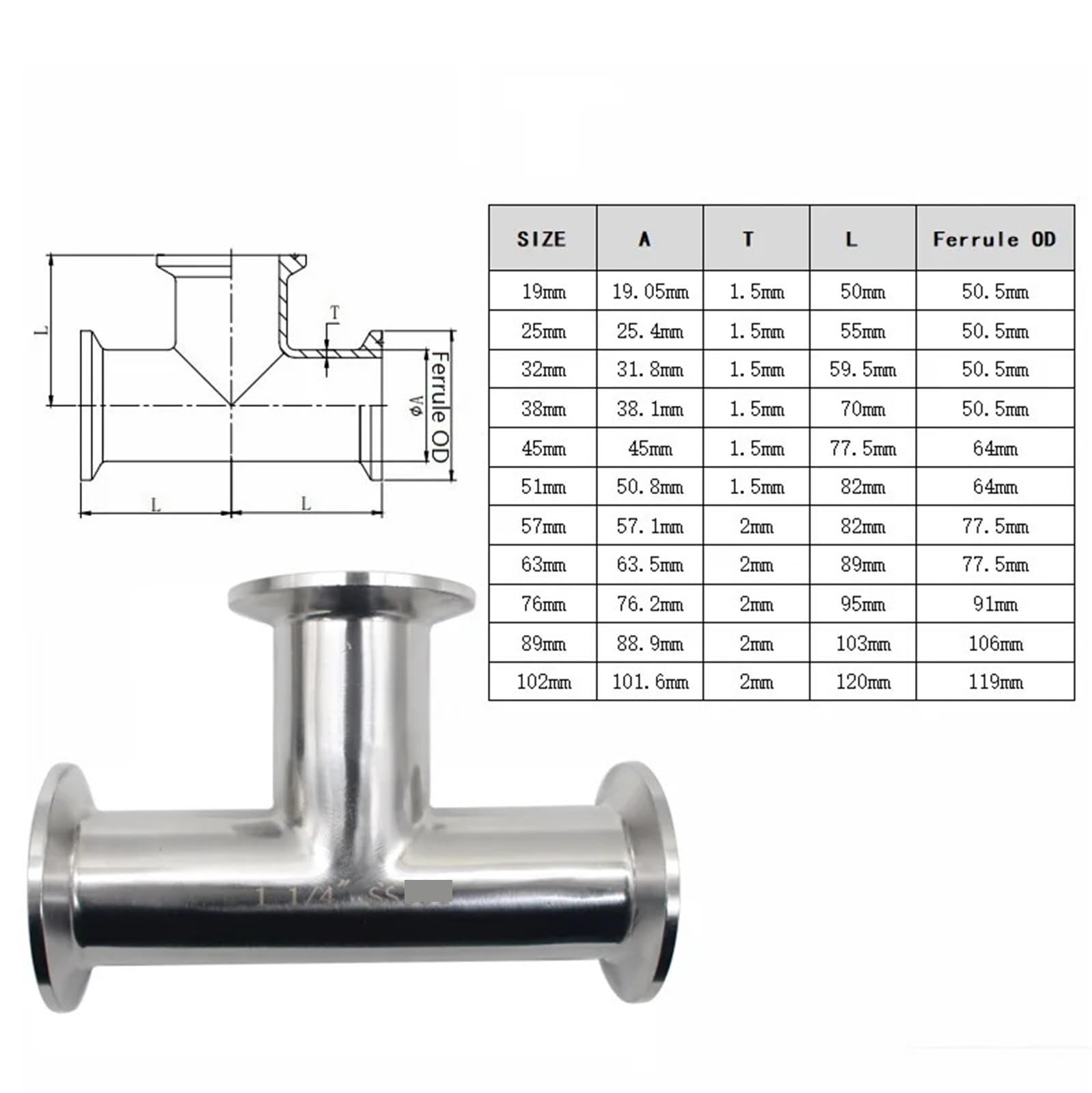 Tubería de acero inoxidable 316L con diámetro exterior de 19-76 mm, manguito en T de 50,5-119 mm, abrazadera triple de 1,5-3 pulgadas instalada.(63mm Ferrule 77.5)