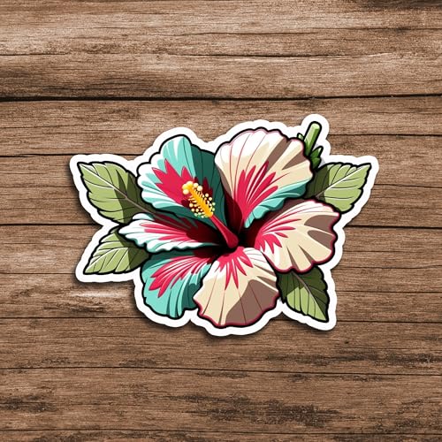 Image of Pastel Hibiscus Flower Sticker Tropical Floral Vinyl Decal Waterproof Aesthetic Soft Color Flower Sticker for Laptop Water Bottle Car Bumper Notebook Scrapbook Gift