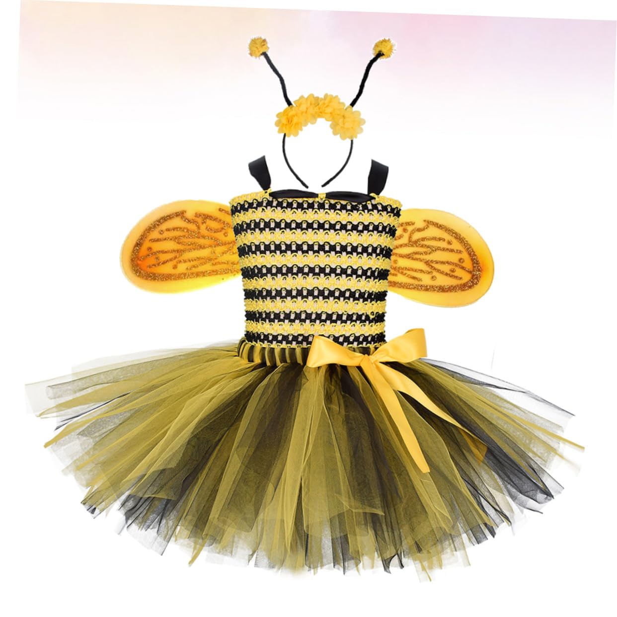 KOMBIUDA Bienenkostüm Mädchen Kleid mit Federflügeln und Haarschmuck Luftiger Tüll Rock Jahre Bezauberndes Party und Bühnenoutfit für Verkleidung und Tanz
