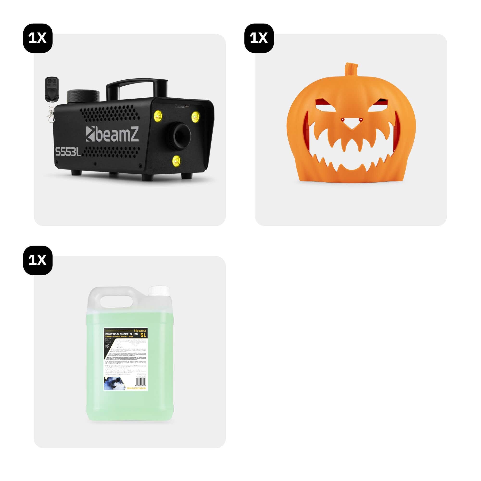 BeamZ S553L Nebelmaschine Halloween Deko mit LED Kürbis Kopf - 550 Watt Rauchmaschine mit 5L Flüssigkeit, 2-in-1 mit Halloween Kürbis Deko, 16 Farben Lichteffekt, Soundeffekt Nebelmaschine Mini