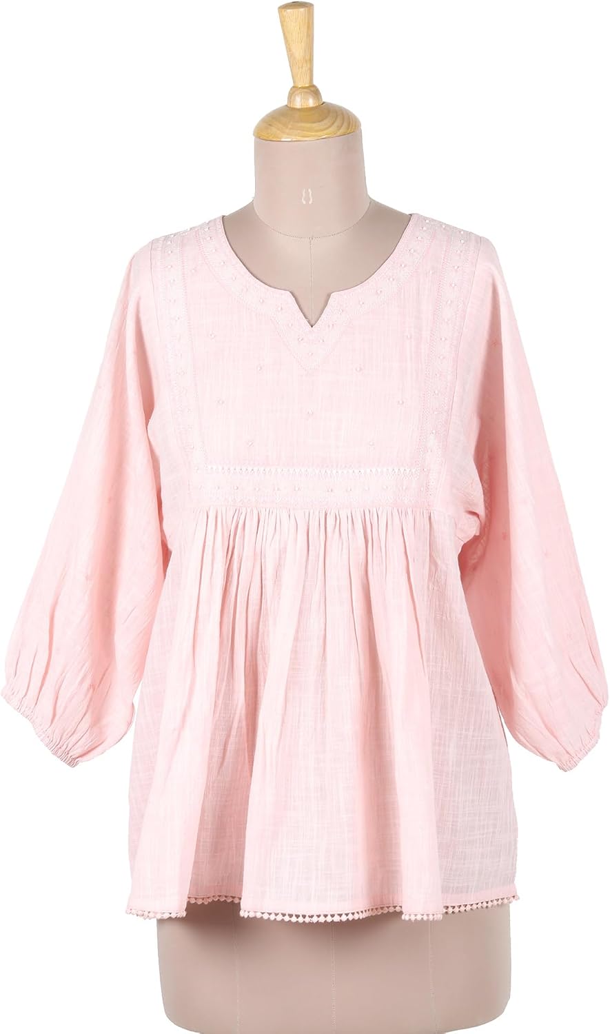 NOVICA Artisan Hand Embroidered Cotton Tunic Pink with Elastic Cuffs India 'Tender Blooms'