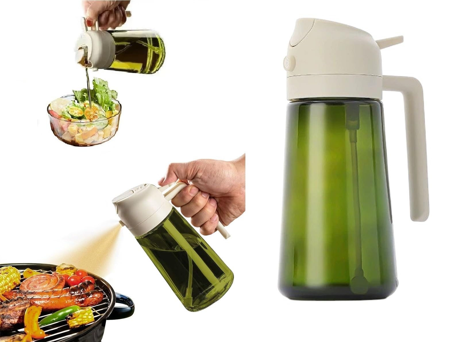 Veda Creamy White Glass Oil Sprayer Bottle, 2 In 1 Function 470Ml Dual-Purpose Oil Mister, Kitchen Dispenser For Cooking, Salad, Bbq,