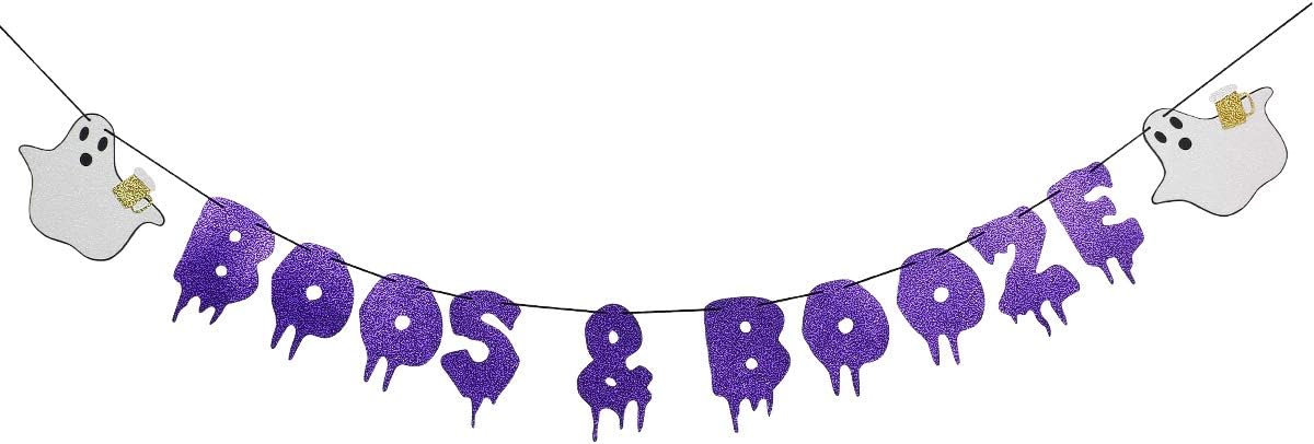 Purple Glitter Boos Banner - Funny Halloween Banner Booze Decor for Haunted Mansion Mantle Home Decor
