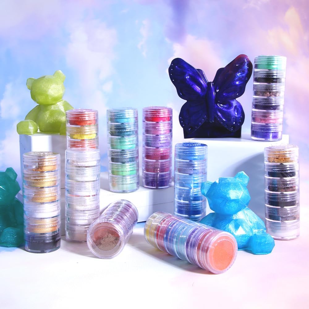 Pearlescent Mica Powder Set of 60 Colors - Cosmetic Grade Pigment Powder for Epoxy Resin Art, Soap Making, Candle Making, Slime, Nail Polish, Bath Bomb, DIY Crafts Supplies