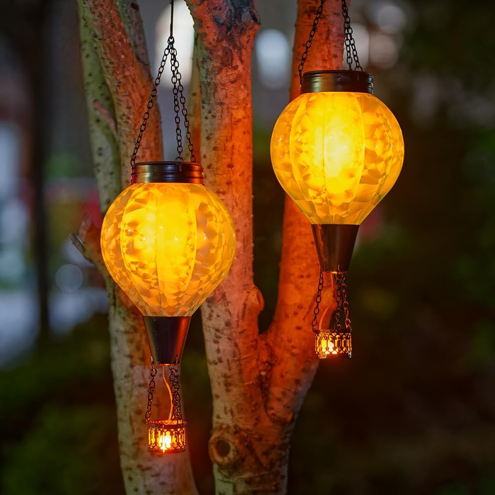 2 Pack Glass Hot Air Balloon Solar Lantern Outdoor Waterproof, Hanging Solar Hot Air Balloon Lantern with Flame, Solars Lights Decor for Garden Yard Patio Porch(Blue)