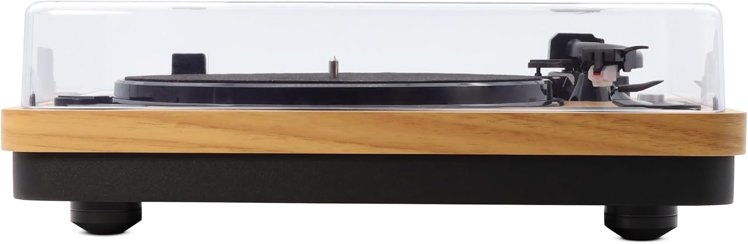 Front view of Mooov 477361 Turntable with dust cover