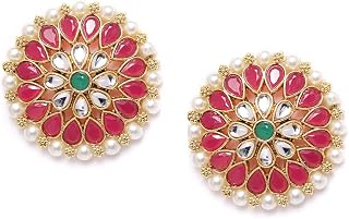 ZAVERI PEARLS Pink & Green Stones Metal Base Metal Pearls Flower Traditional Stud Earring For Women-ZPFK9543 Price In India