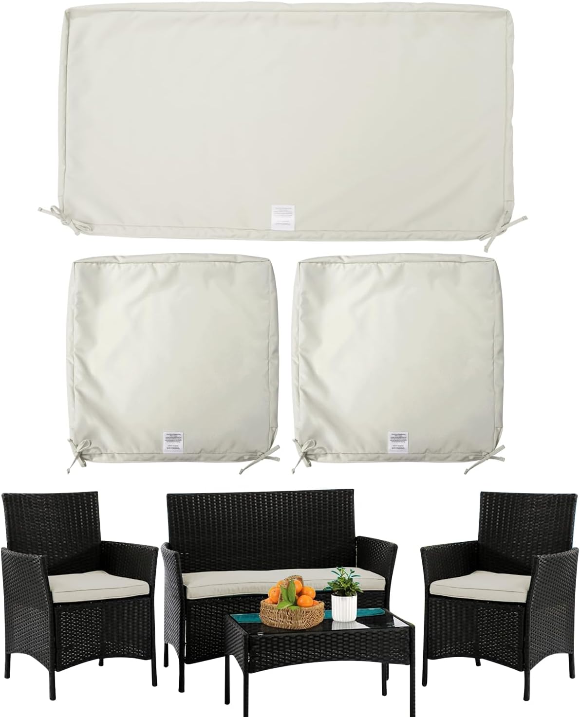 3 Pack Outdoor Patio Cushions Replacement Covers Fit for 4 Pieces 3-Seater Wicker Rattan Furniture Conversation Set Loveseat Chairs Sofa,Water-Resistant Slipcovers,38x19x2,19x19x2,Beige-Covers Only