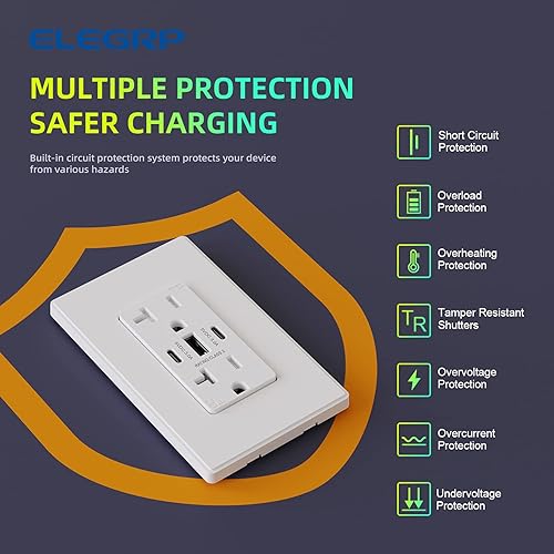 Miniatura 5 de ELEGRP Tomacorrientes USB, 30 W 6.0 Amp USB C, toma de pared USB de 3 puertos, toma de corriente resistente a manipulaciones de 20 amperios con 2