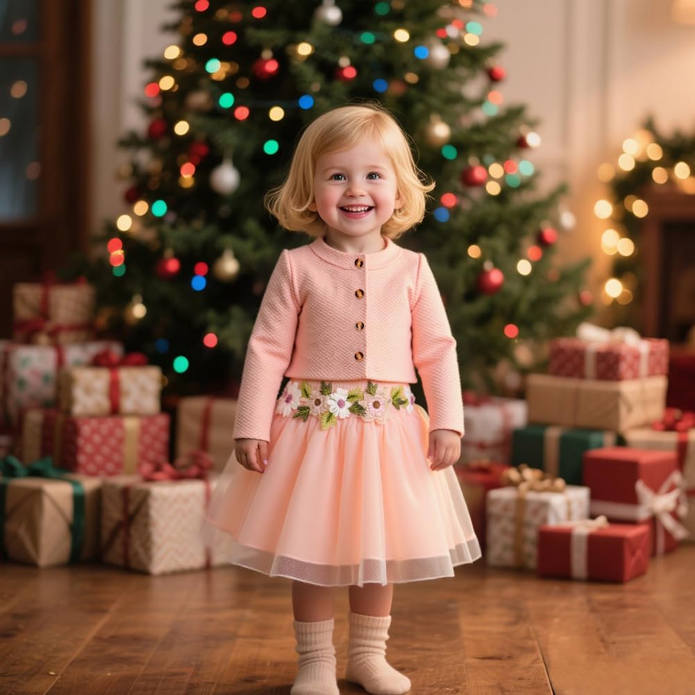 Vicloon Baby Mädchen Kleid mit Strickjacke Set, Baumwollkleid, Kleinkind Ärmellose Blumen Tüll Tutu Kleider und Langarm Waffel, 2 Stück ärmellosem Tüllkleid Outfit Set für Mädchen 6 Monate-2 Jahre