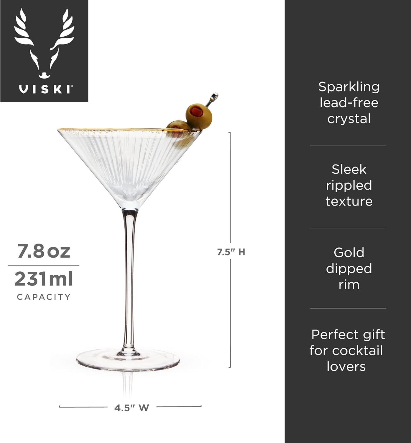 Viski Meridian Martini Glasses - Stemmed Fun Cocktail Glasses - Art Deco Ripple Gold Rimmed Crystal Glassware - 7.8oz Set of 2