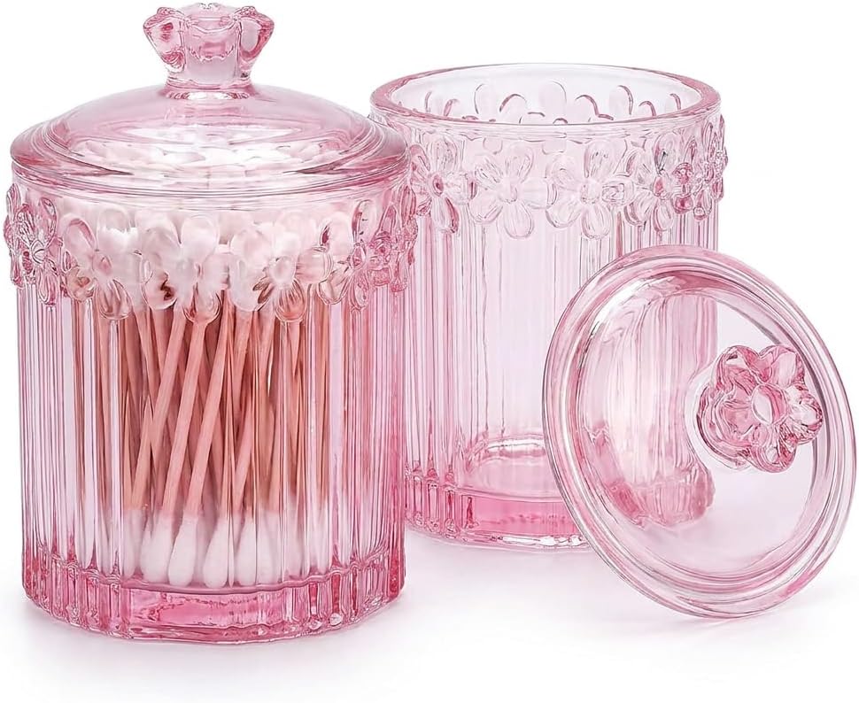 RUIAN Pink Glass Qtip Holder with Lid - Cotton Ball and Qtip Holder Set, 2 Piece Bathroom Vanity Organizer for Hair Ties, Makeup Storage and Countertop Decor