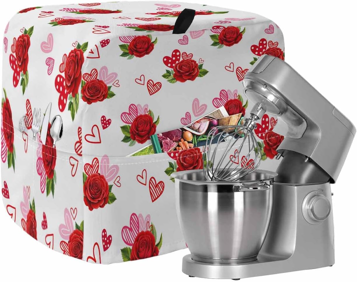 Red Roses Stand Mixer Cover with Storage Pocket, Waterproof Kitchen Mixer Covers, Valentine's Day Floral Love White Country Kitchen Appliance Dust Cover Compatible with 5-8 Quart Mixers