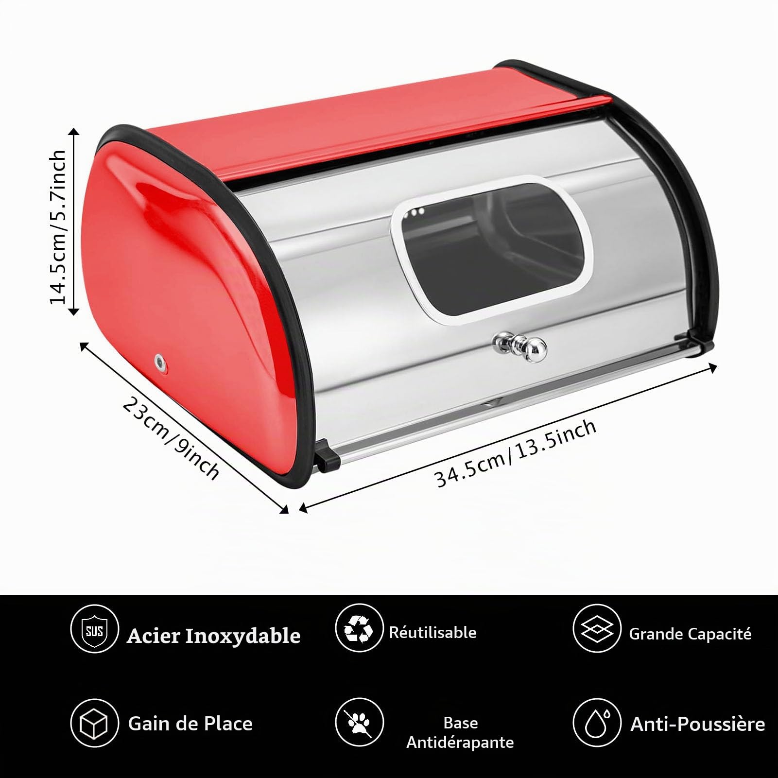 Boîte à Pain Métal Rouge avec Fenêtre de Visualisation, Bread Box en Acier Inoxydable à Couvercle Roulant, Boîte de Conservation pour Pain et Viennoiseries