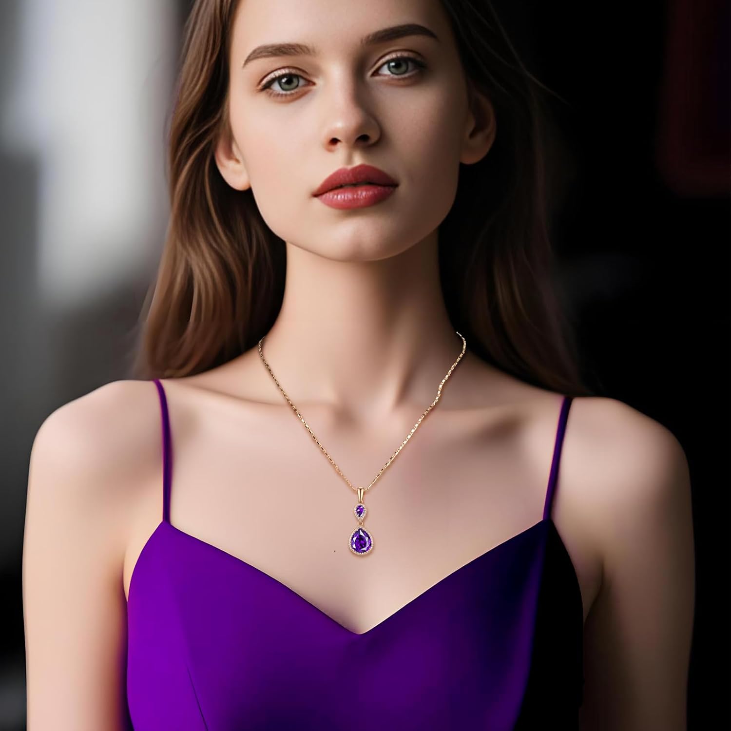 Blue/Green/Red/Purple/White Waterdrop Cubic Zirconia Gamstone Pendant Necklace for Women for Gift. - Image 2