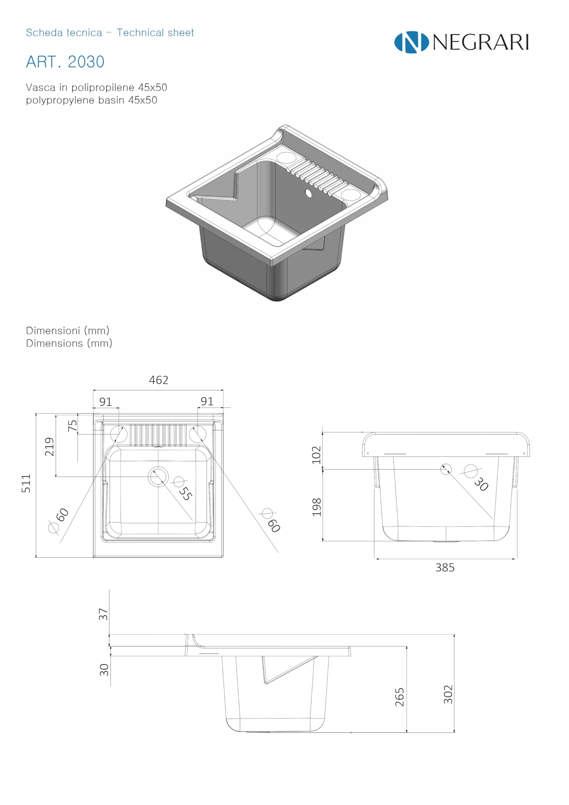 Negrari, Lavabo Lavabo en mélaminé en kit de montage, baignoire résistante aux acides d'usage commun, kit d'échappement inclus, intérieur, L45 x P50 x H85 cm, blanc
