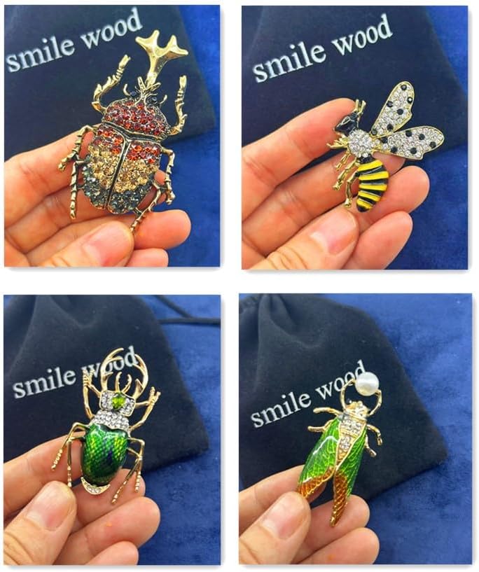 4 PCS smile wood Animal Insect Style Collection Brooches Set Women Brooches Bulk Lapel Pins Jewelry Designed With Rhinestone Elegant Lapel Pins For Everyday wear, Garden parties Wedding Valentine Mother's Day Christmas - Image 4